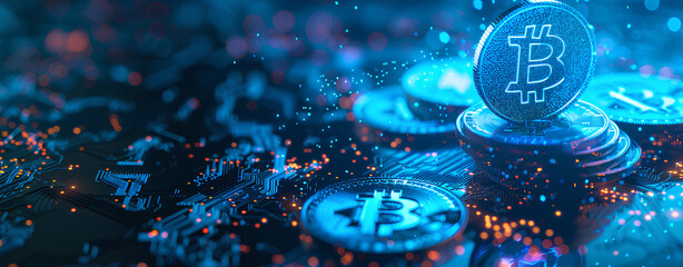 The concept of the digital currency Bitcoin is displayed on an electronic circuit board, with illuminated golden coins stacked together and glowing blue in front of them.