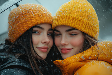 Sticker - Friends sharing an umbrella in the rain, walking close and smiling despite the weather. Concept of companionship.