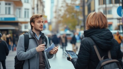 Wall Mural - An expert engages in a live interview with a journalist amidst the bustling activity of a city street in the afternoon. Generative AI