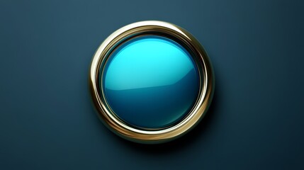 A realistic 3D round button with a glossy finish, colored in vibrant blue and metallic gold, designed for notifications, set against an empty space