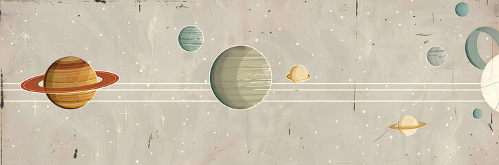 vintage-style illustration of the solar system, with each planet rendered in muted colors against an aged background