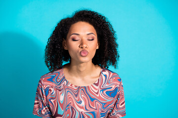 Sticker - Photo portrait of pretty young girl pouted lips kiss closed eyes wear trendy colorful clothes isolated on aquamarine color background