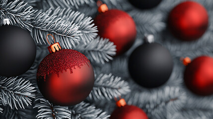 A close-up view of festive Christmas ornaments in red and black hanging on a lush evergreen tree.