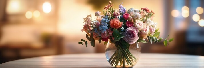 Sticker - A colorful assortment of flowers is elegantly arranged in a glass vase on a light wood table, creating a warm ambiance. Generative AI