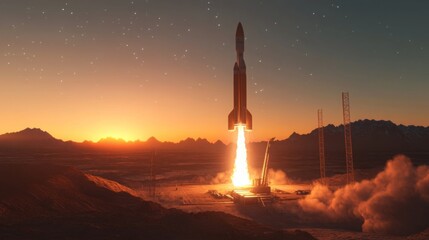 Aufkleber - A rocket lifts off against a stunning sunrise backdrop, illuminating the mountains with orange and red hues