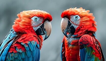 Wall Mural - Vibrant red and blue macaws interacting against a soft grey backdrop in a captivating close-up scene