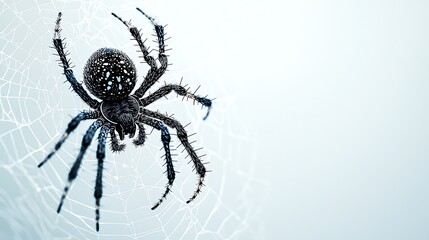 A macro close-up of a black and white spider web reveals intricate, delicate detail.