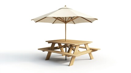 Poster - Wooden picnic table with benches and sun shade umbrella, one piece wood furniture for outdoor dining isolated on white background 3d rendering 