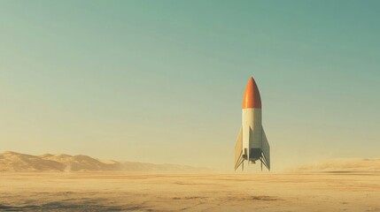 Aufkleber - A rocket is ascending against a clear sky in a vast desert environment. The landscape features gentle dunes and distant mountain ranges, creating a serene backdrop during dusk's warm light.