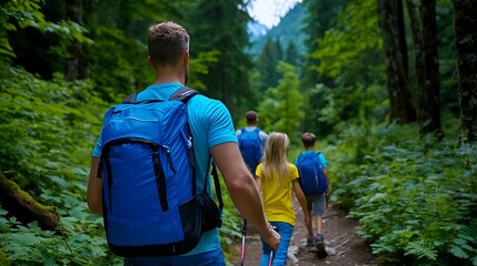 A family hikes through a lush green forest, backpacks on, as they enjoy nature�s beauty.