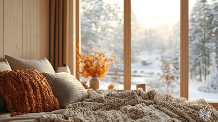 A winter bedroom is bathed in sunlight, featuring a knitted blanket and a snowy window view.