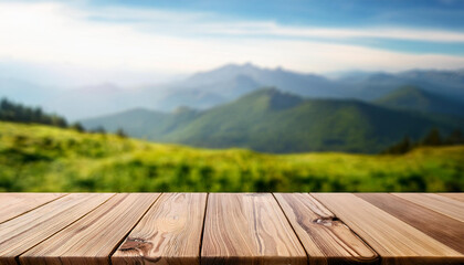 Wood table top stand with blur mountain landscape view background in spring. Food product display with nature concept backdrop.