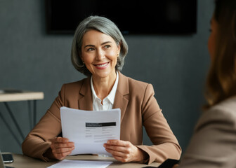 Canvas Print - Smiling confident gorgeous mature business woman hr holding cv document at job interview.  Mid aged professional banking manager or lawyer consulting