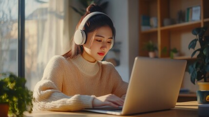 Aufkleber - A young woman with long hair sits at a wooden table focused on her laptop screen, wearing headphones. Sunlight streams through the window, illuminating the cozy room filled with plants.