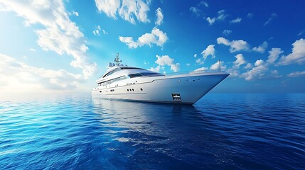 A luxury yacht glides smoothly on a calm ocean, the sky clear and blue above.