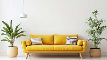 Canvas Print - Interior of living room modern style with yellow sofa and houseplant on white background 