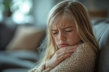 Poster - A child coughing into their arm in a home setting, representing common cold symptoms. Concept of health.