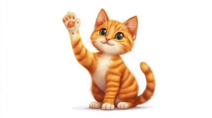 A cheerful cartoon orange cat with big eyes waving its paw.