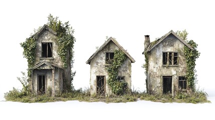 Poster - destroyed buildings, post-apocalyptic overgrown houses, isolated on white background  