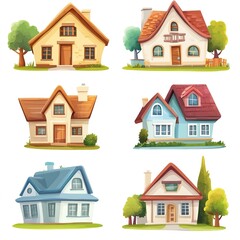 Canvas Print - cartoon house, residential suburban cottage, and country houses isolated on white background. Cartoon private house isolated on white background 