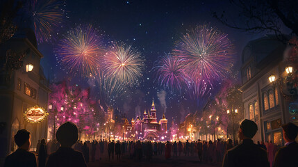 Wall Mural - An illustration of a festive celebration with fireworks and joyful crowds in a night sky setting.