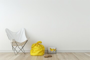 Wall Mural - Modern and minimalist interior with a white butterfly chair, yellow laundry bag, and a basket on a wooden floor.