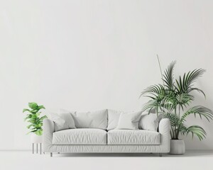 Wall Mural - Minimalist living room interior with a white sofa and green plants. A serene and bright space with a clean aesthetic.