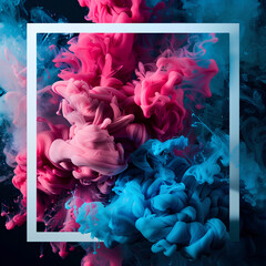 Wall Mural - Black background, a pink and blue smoke cloud inside a white square frame, a smoke explosion, colored liquid ink in water on a black isolated background with copy space. Abstract colorful paint 