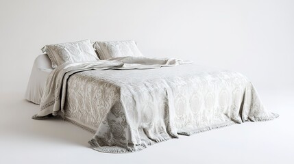 Canvas Print - A lifelike 3D render of a luxurious bedspread with elegant patterns, isolated on a pristine white background 