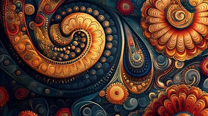 Wall Mural - An illustration of a detailed paisley pattern with intricate lines and a rich color palette.