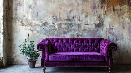 Sticker - A classical-style sofa, set against textured walls in a grungy interior, exudes elegance with a hint of purple toning. isolated on white background  