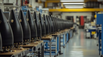Aufkleber - A long row of black, conical objects are arranged on a table in a factory. The objects have a pointed tip and are lined up in a straight line. The factory floor is visible in the background.