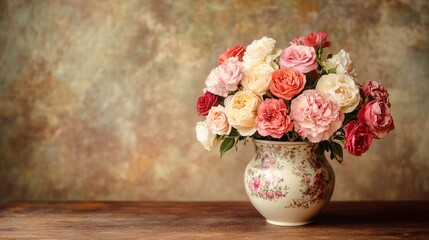 Poster - A beautiful arrangement of roses and carnations fills a vintage ceramic vase set upon an antique wooden table in soft light. Generative AI
