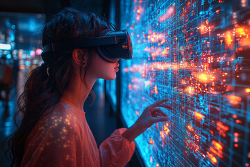 Poster - A user navigating a virtual reality puzzle game with interactive elements and complex challenges in a digital setting. Concept of VR problem-solving.