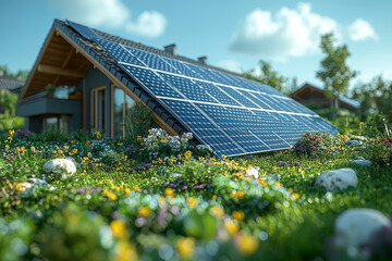 Sticker - A solar panel array installed on a green, grassy rooftop, capturing renewable energy for a sustainable future. Concept of renewable energy.