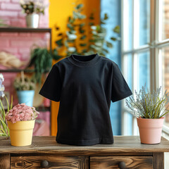 Poster - A black shirt is displayed on a table next to a potted plant