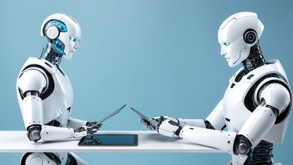 Two humanoid robots engage in a digital interaction at a table.