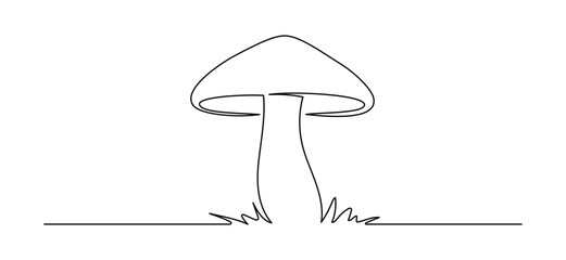 Poster - Mushroom in one continuous line drawing. Nature food in simple linear style. Edible autumn harvest in editable stroke. Doodle monoline vector illustration