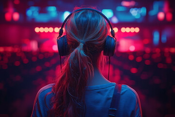 Poster - A person attending a virtual concert, enjoying live music and interacting with other virtual concertgoers in a digital venue. Concept of virtual events.