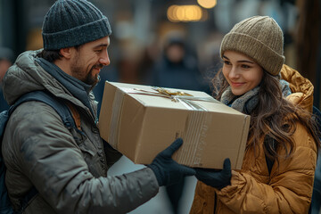 Poster - A delivery person handing over a package to a customer, with an emphasis on the convenience of online shopping. Concept of customer satisfaction.