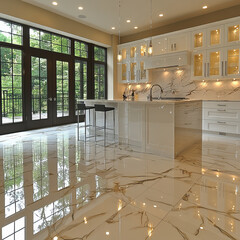 contemporary kitchen featuring white furniture and wood accents, showcasing elegant marble flooring that reflects natural light beautifully. space exudes modern sophistication and warmth