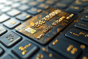 Wall Mural - A close-up of a credit card and a laptop keyboard, highlighting the payment process for an online purchase. Concept of online payment security.