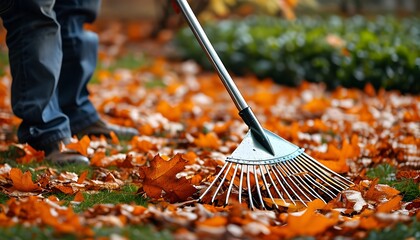 Autumn clean-up with stainless garden rake as leaves transform the garden into a colorful tapestry of orange and brown