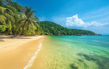 Pristine beaches of Phu Quoc Island in Vietnam, ideal for poster backgrounds, highlighting golden sands and lush tropical surroundings