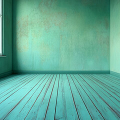 serene empty room featuring turquoise wooden floor and matching walls, creating calm and inviting atmosphere. Perfect for various design inspirations