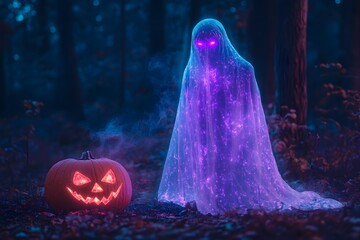 A purple ghost with glowing eyes, wearing a white sheet, stands in the dark forest at night next to an orange pumpkin