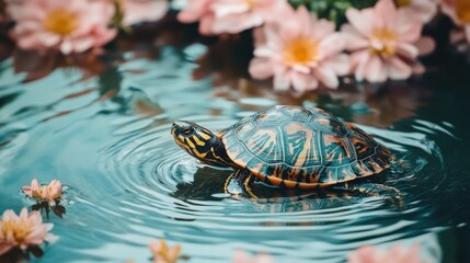 A turtle swims in a serene pond surrounded by blooming water lilies.