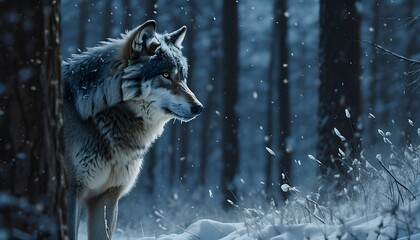 Wall Mural - A solitary alpha gray wolf gazing into the snowy night of a winter forest, surrounded by the serene beauty of nature.