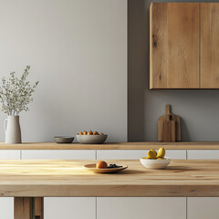 modern kitchen interior featuring wooden table adorned with fresh fruits, complemented by minimalist decor and natural elements. warm tones create welcoming atmosphere