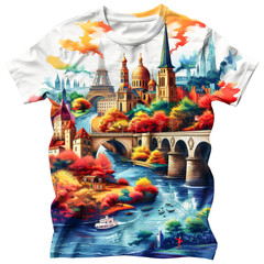 Wall Mural - A colorful painting of a city with a bridge and a boat